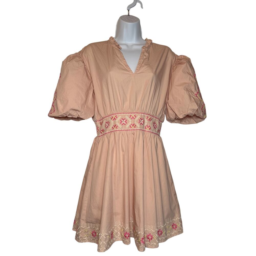 Karlie Dress Size LARGE Poplin Puff Sleeve Peach Floral Cotton Vneck Lined
